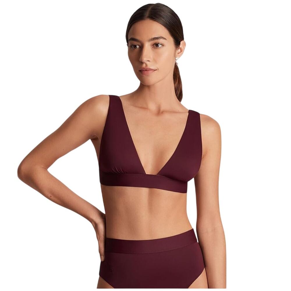 LAUREN RALPH LAUREN Banded V-Neck Bikini Top Size 10 Red Claret Beach Club NWT